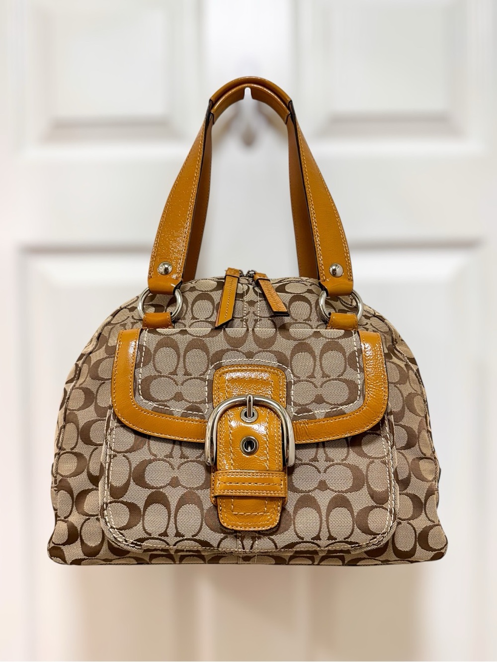 Coach Soho Buckle Dome Satchel Signature Jacquard Patent Leather Trim Bag - Picture 1 of 16